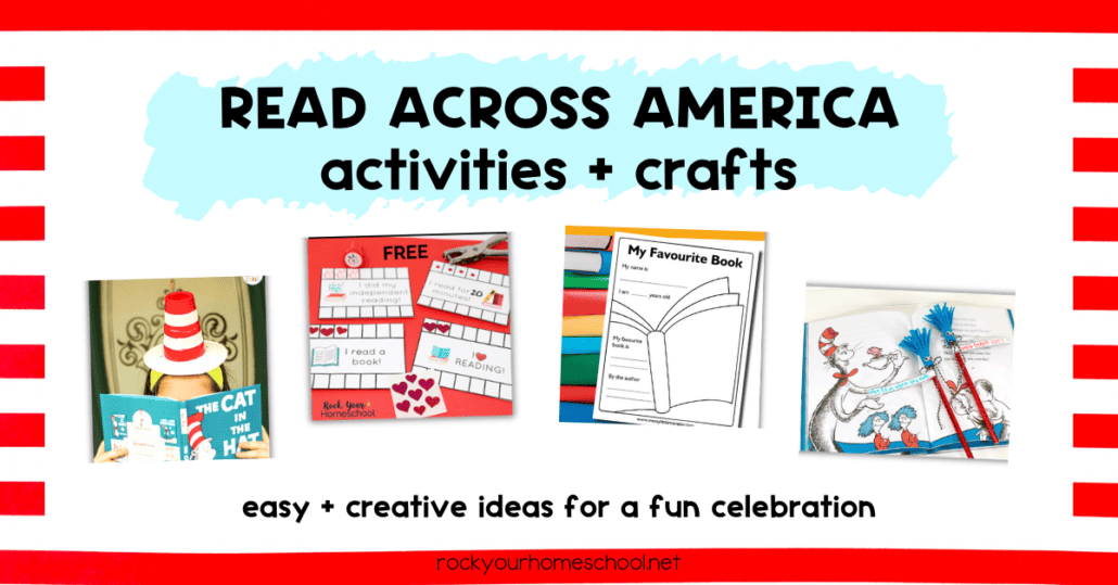 Examples of fun and easy Read Across America activities and crafts for kids like Cat in the Hat headband, free printable reading punchcards, My Favorite Book printable, and Thing 1 and Thing 2 pencil crafts.