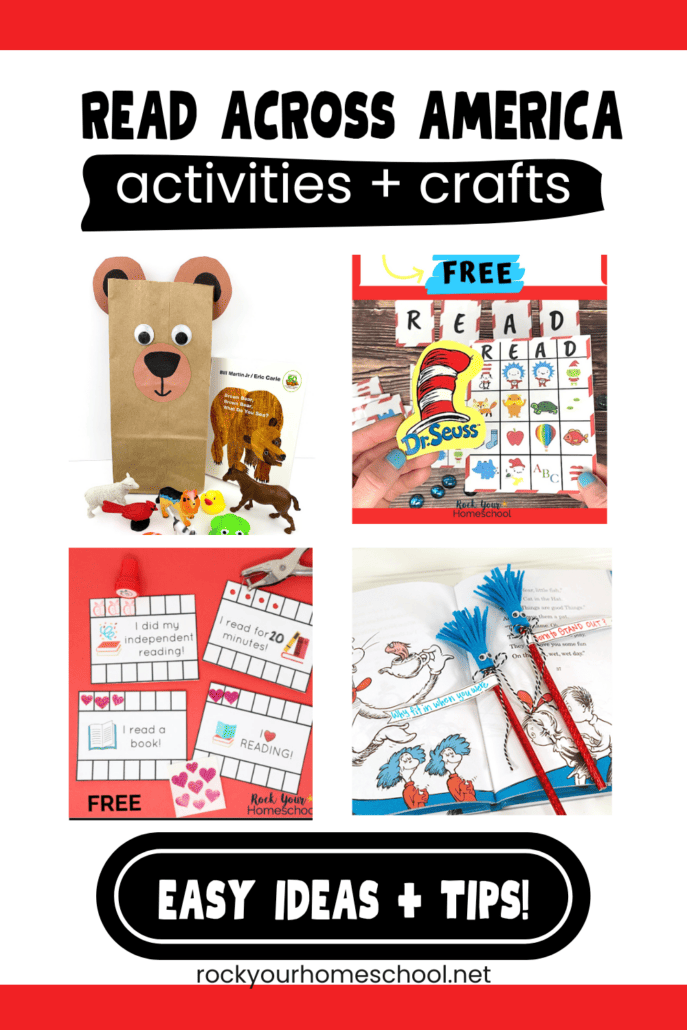 Examples of fun and easy Read Across America activities and crafts like Brown Bear paper bag puppet, Dr. Seuss bingo game, free printable reading punchcards, and Thing 1 and Thing 2 pencil crafts.