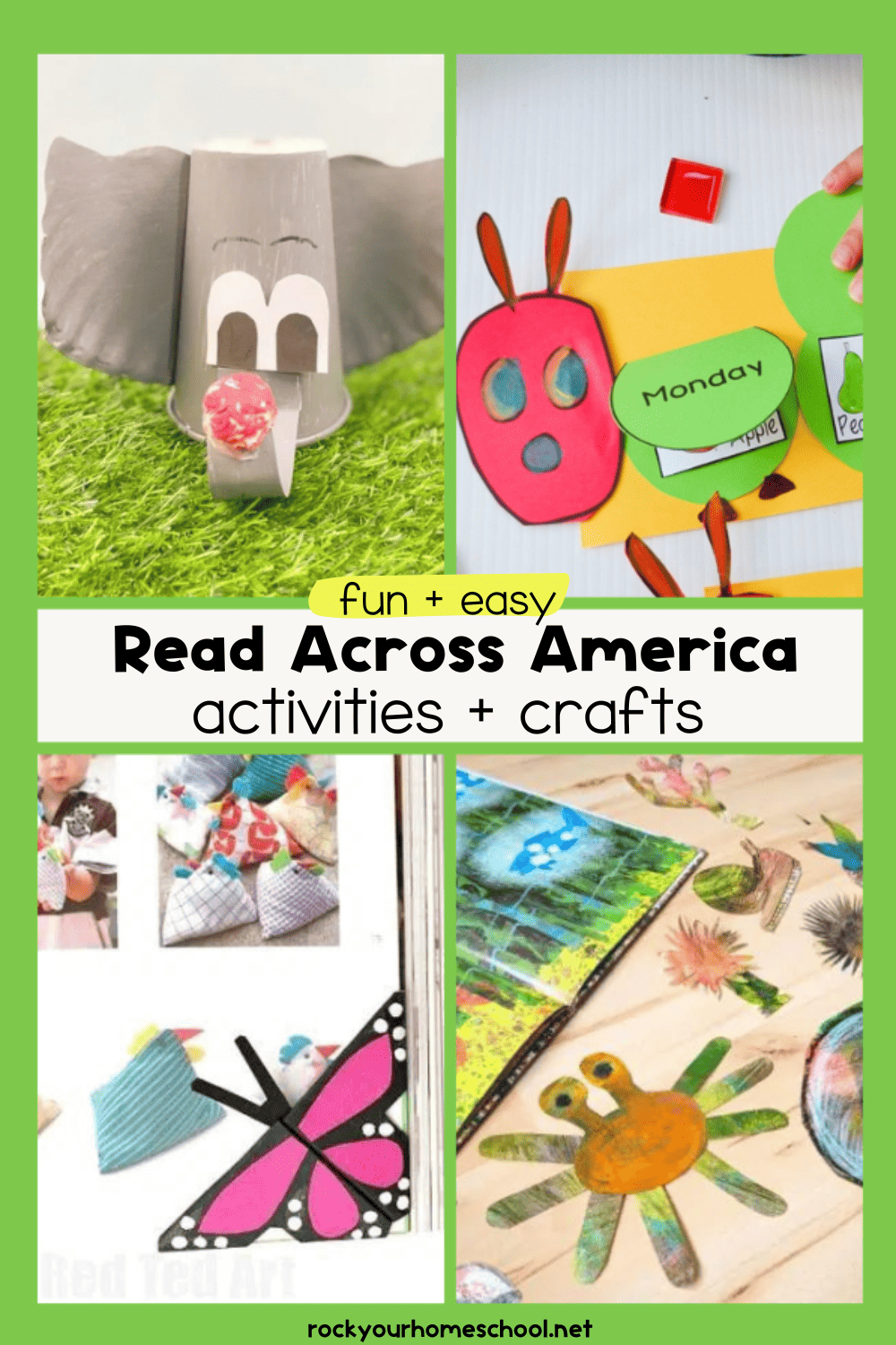 Examples of Read Across America activities and crafts like Horton the Elephant craft, The Very Hungry Caterpillar craft, butterfly corner bookmark, and hermit crab crafts.