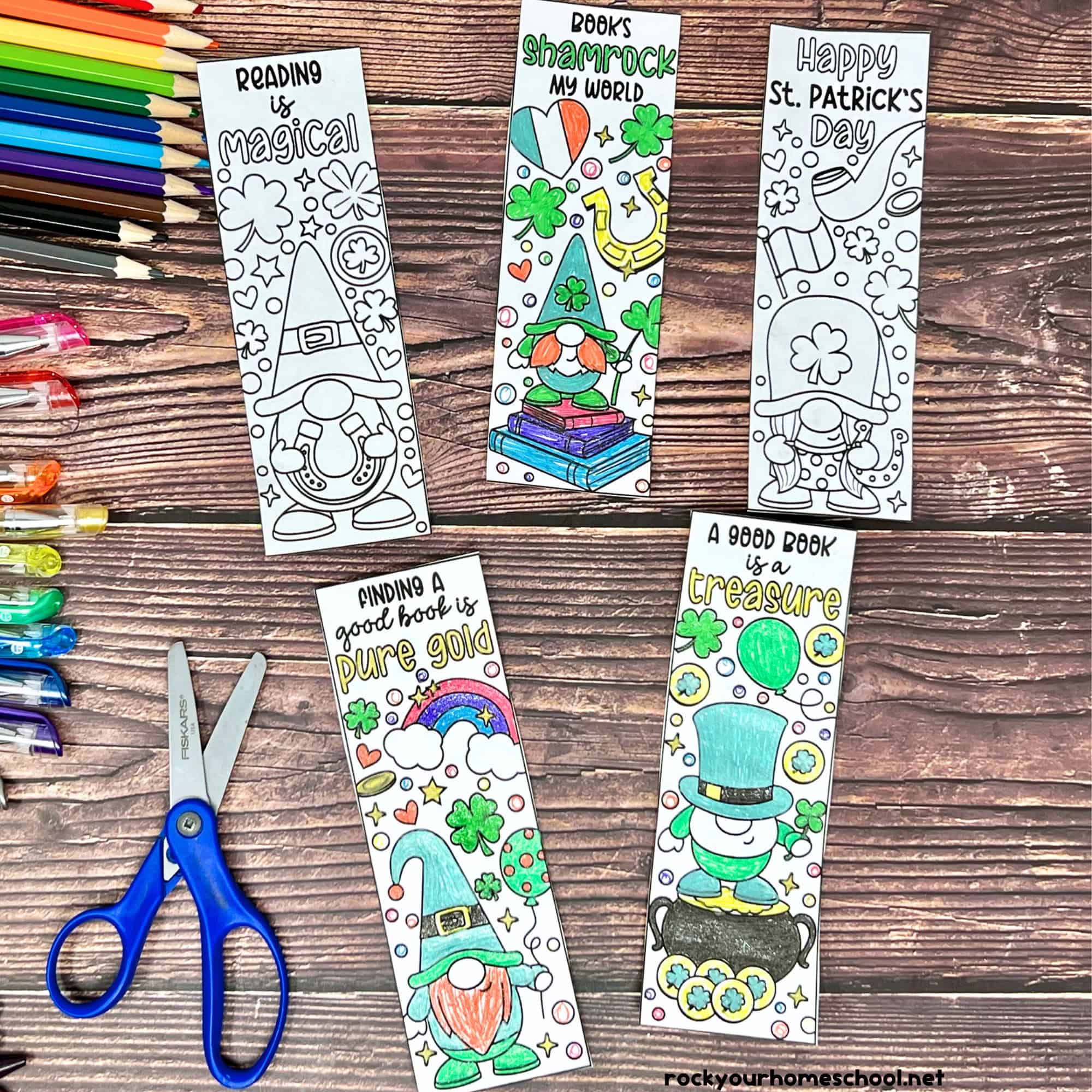 Examples of free printable St. Patrick's Day bookmarks to color with crayons, glitter gel pens, color pencils, and scissors.