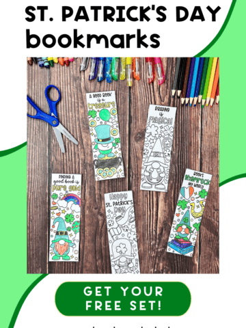 Examples of free printable St. Patrick's Day bookmarks to color with crayons, glitter gel pens, color pencils, and scissors.