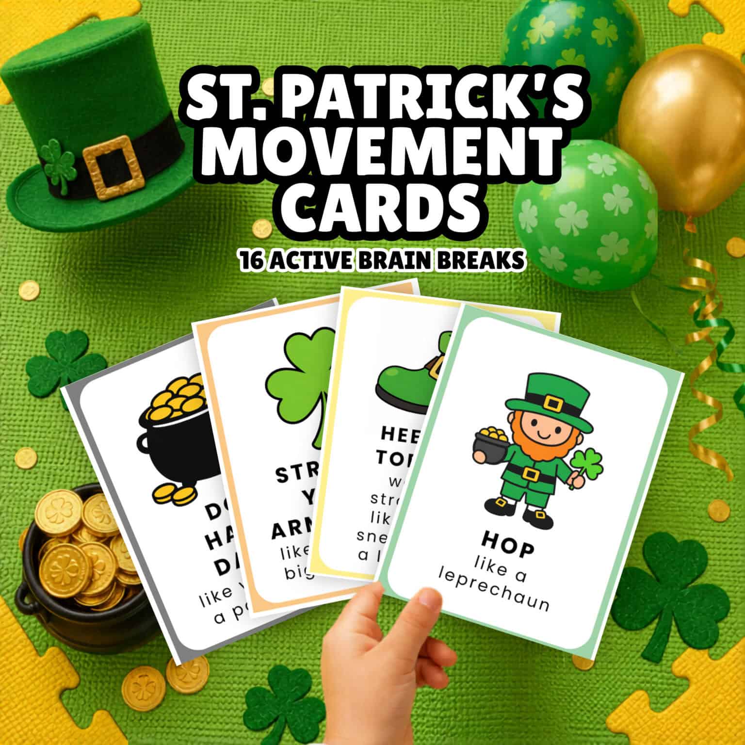 Child holding examples of St. Patrick's Day movement cards for kids.