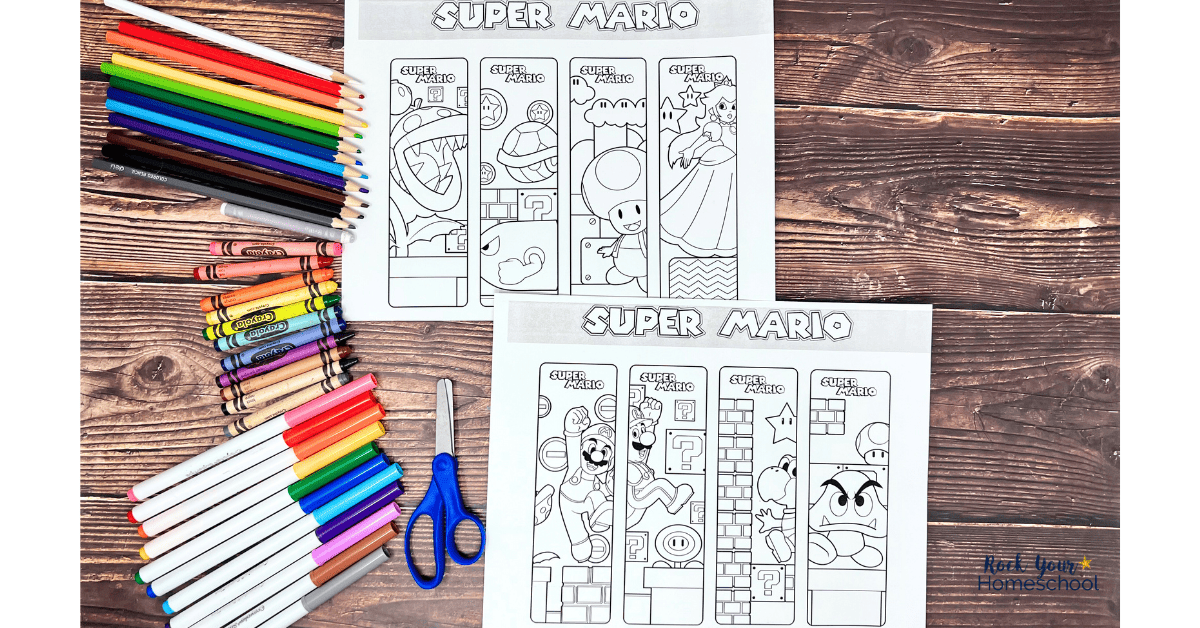 Two pages of 8 free printable Super Mario bookmarks to color with color pencils, crayons, markers, and scissors.
