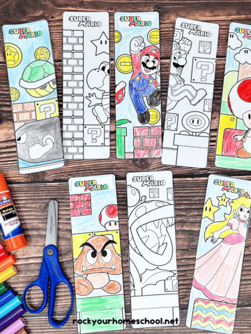 8 examples of Super Mario bookmarks to color featuring Mario, Luigi, Toad, Princess Peach, and more.
