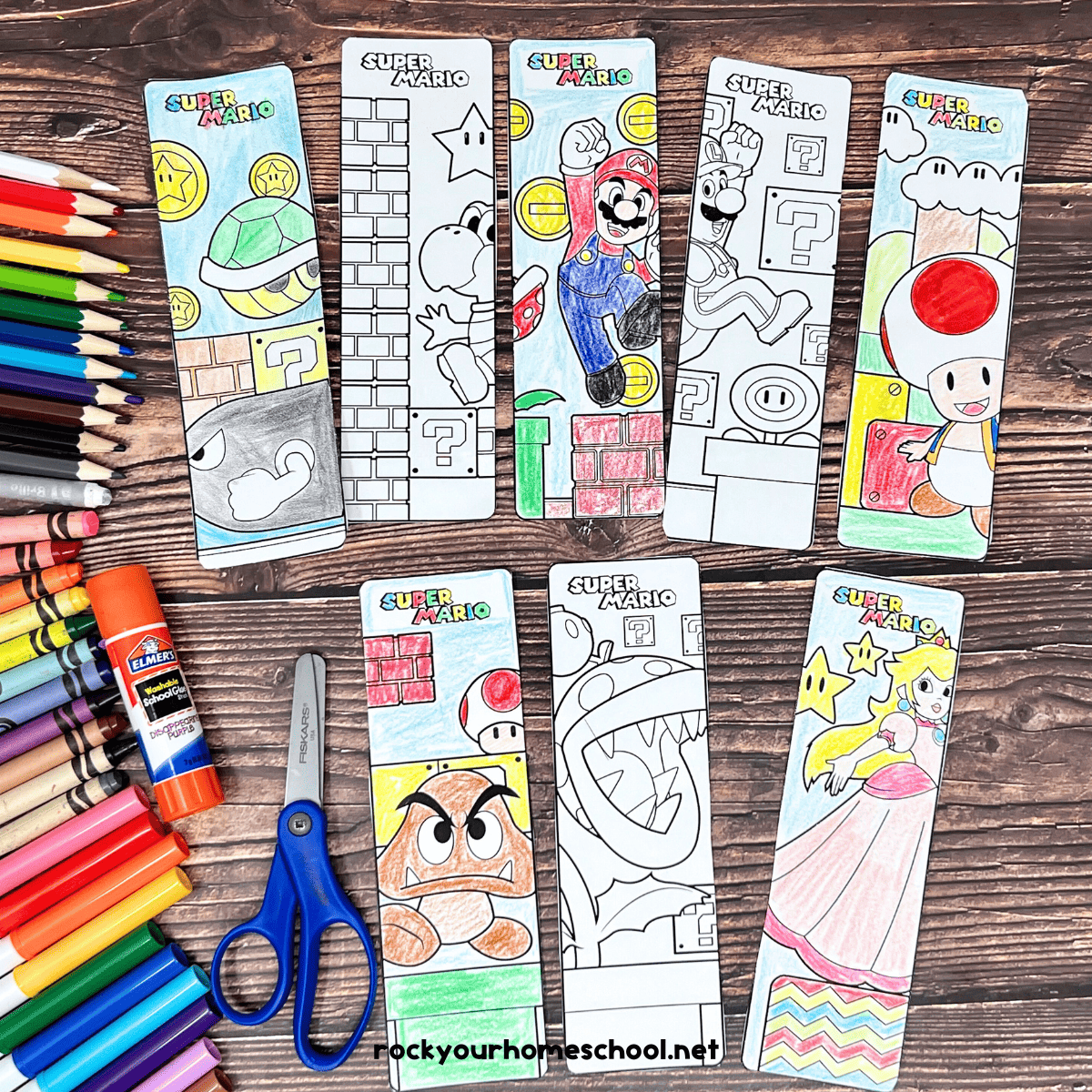 8 examples of Super Mario bookmarks to color featuring Mario, Luigi, Toad, Princess Peach, and more.