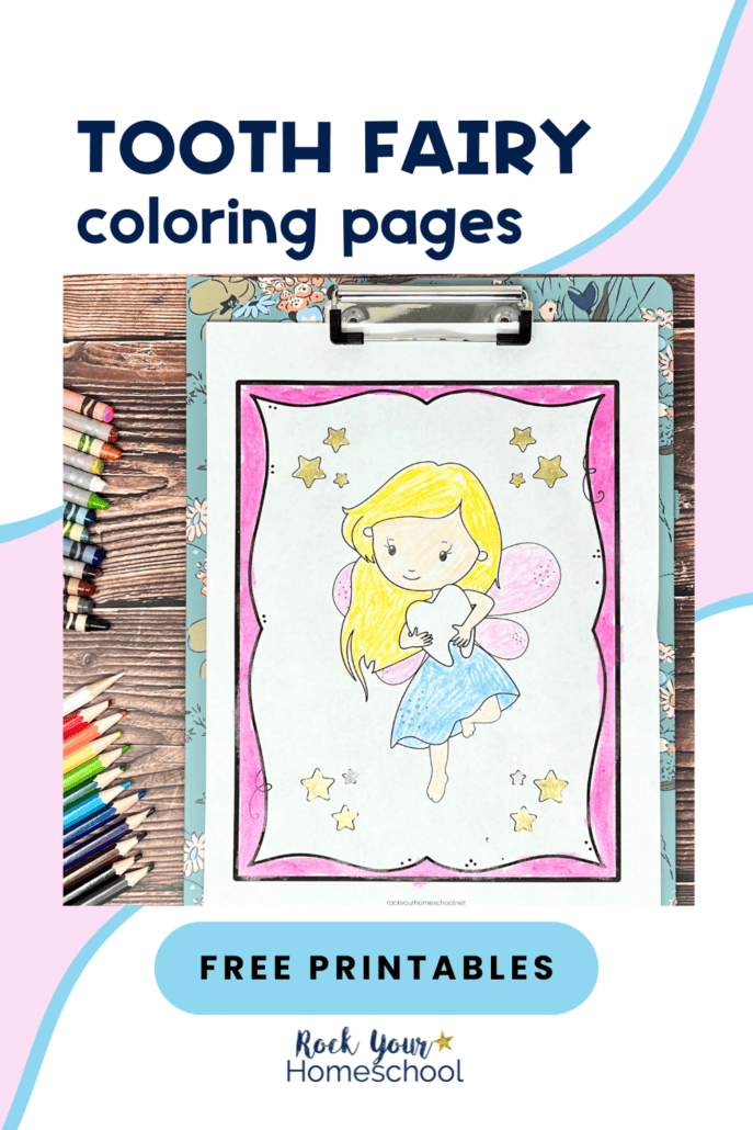 Example of free printable tooth fairy coloring pages with crayons and color pencils.