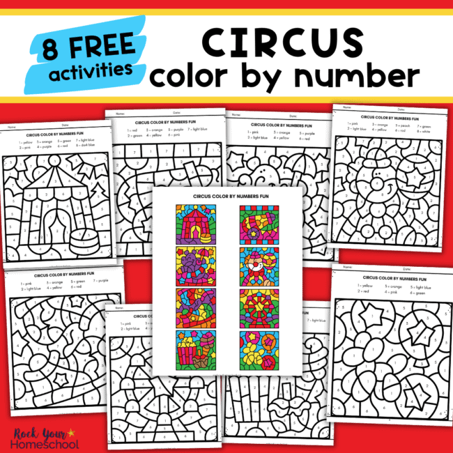 Examples of free printable circus color by number pages.