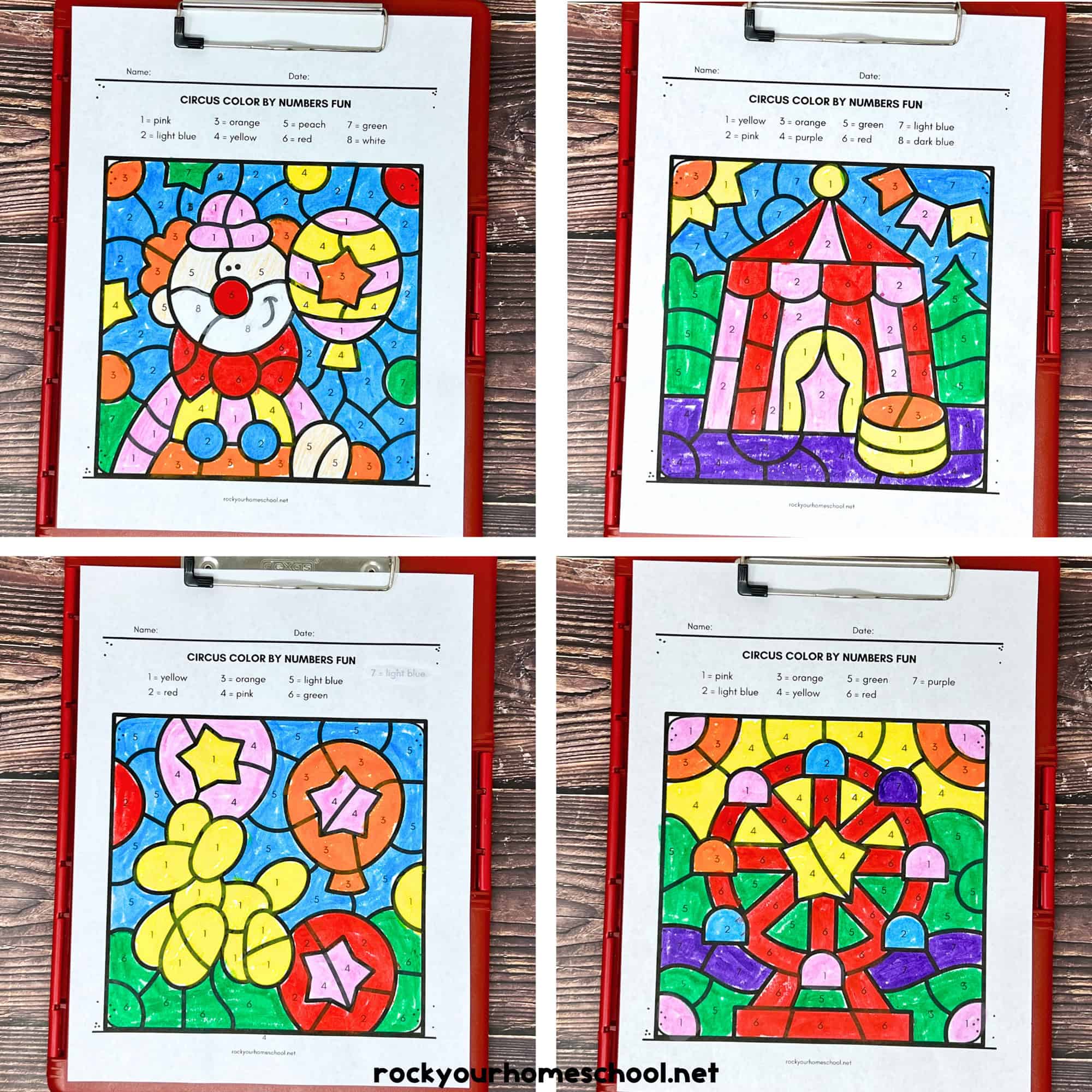 Four free printable circus color by number pages featuring clown, tent, balloons and balloon animal, and ferris wheel.
