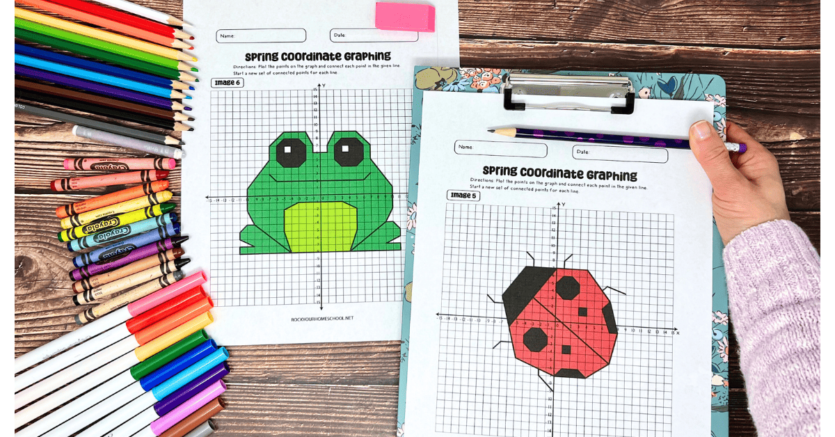 Woman holding clipboard that has example of spring coordinate graphing worksheet featuring a ladybug and other example with a frog.