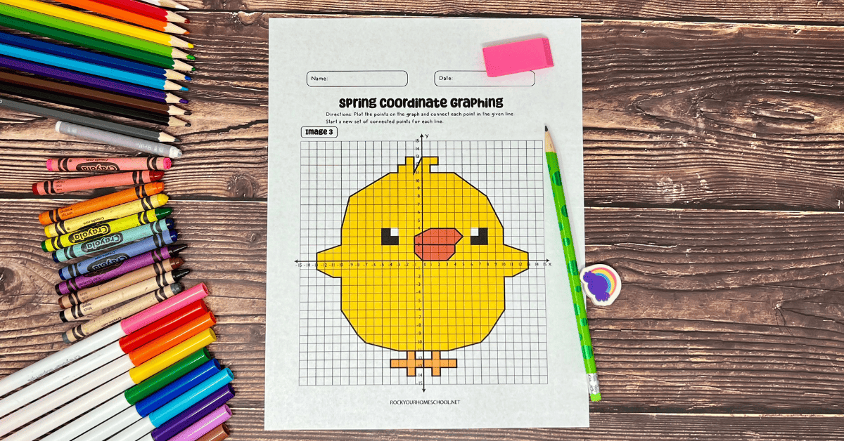 Example of free printable spring coordinate graphing mystery pictures featuring a cute chick with pencil, erasers, crayons, color pencils, and markers