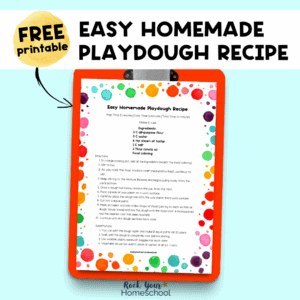 Free printable easy homemade playdough recipe on orange red clipboard.