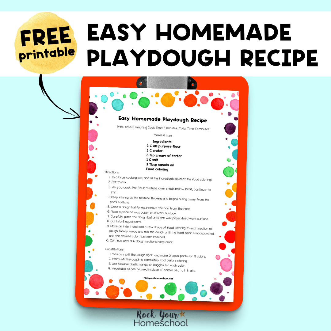 Free printable easy homemade playdough recipe on orange red clipboard.
