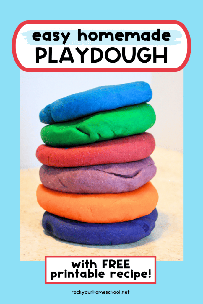 Stack of easy homemade playdough circles in blue, green, red, purple, orange, and dark blue.