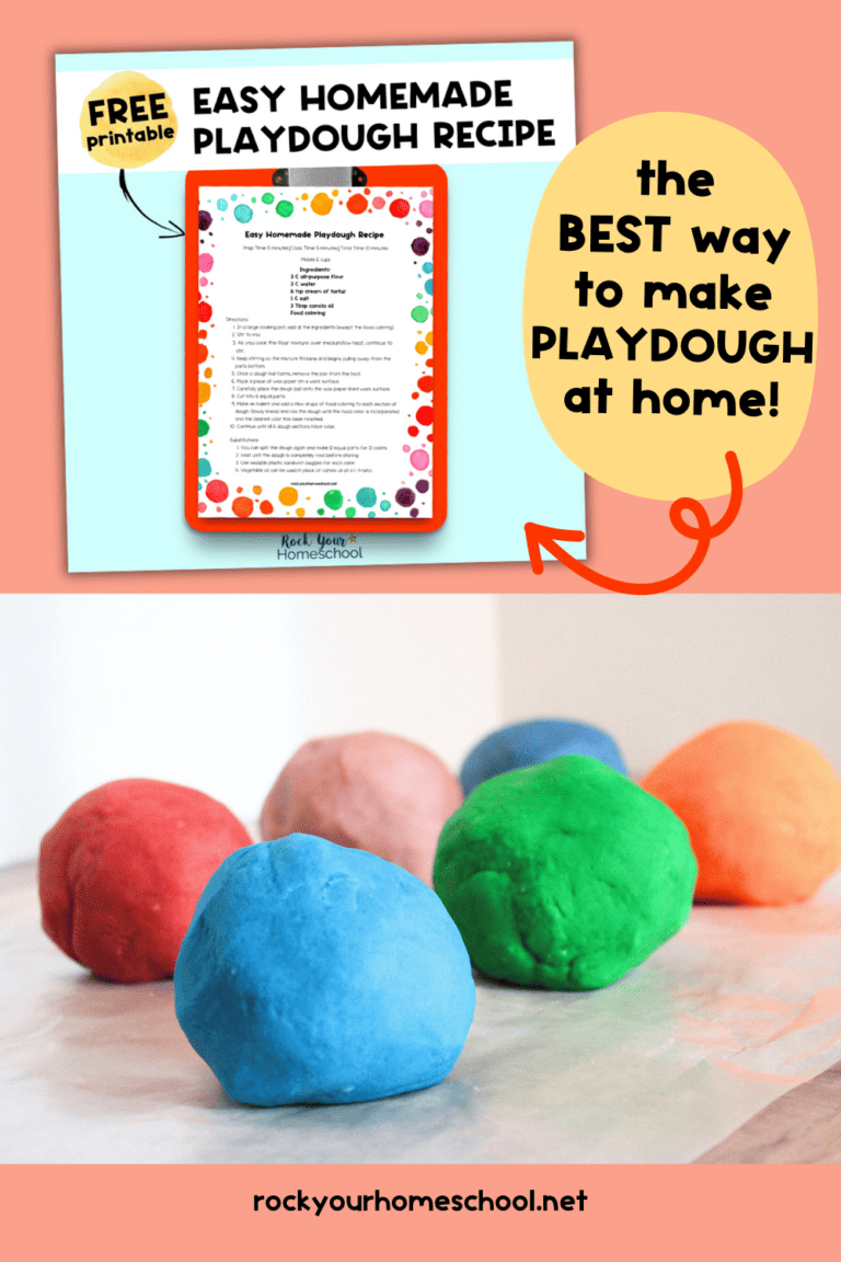 Example of free printable easy homemade playdough recipe and six colorful balls of playdough.