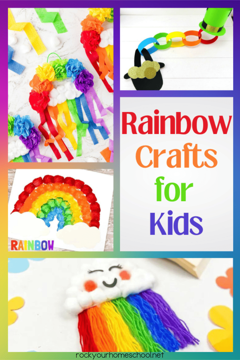 Examples of easy rainbow crafts for kids made with tissue paper, cotton balls, construction paper, and yarn in a rainbow of colors.