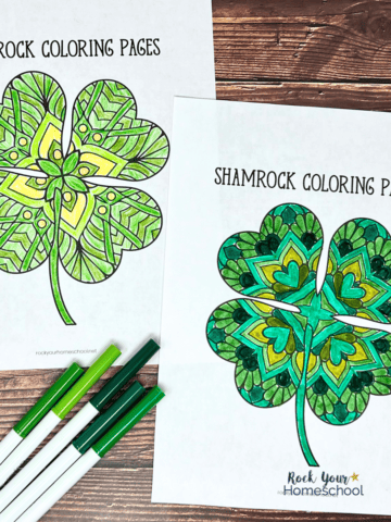 Two examples of four-leaf clover and shamrock coloring pages with green markers.