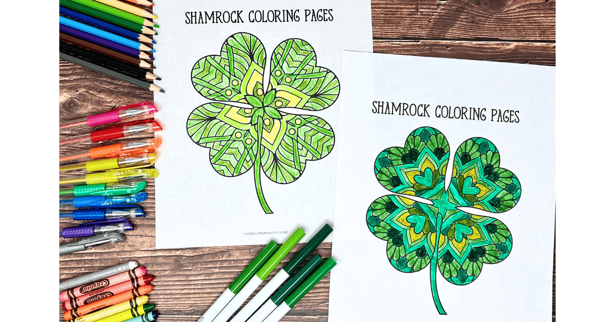 Two examples of four-leaf clover and shamrock coloring pages with markers, glitter gel pens, and crayons.
