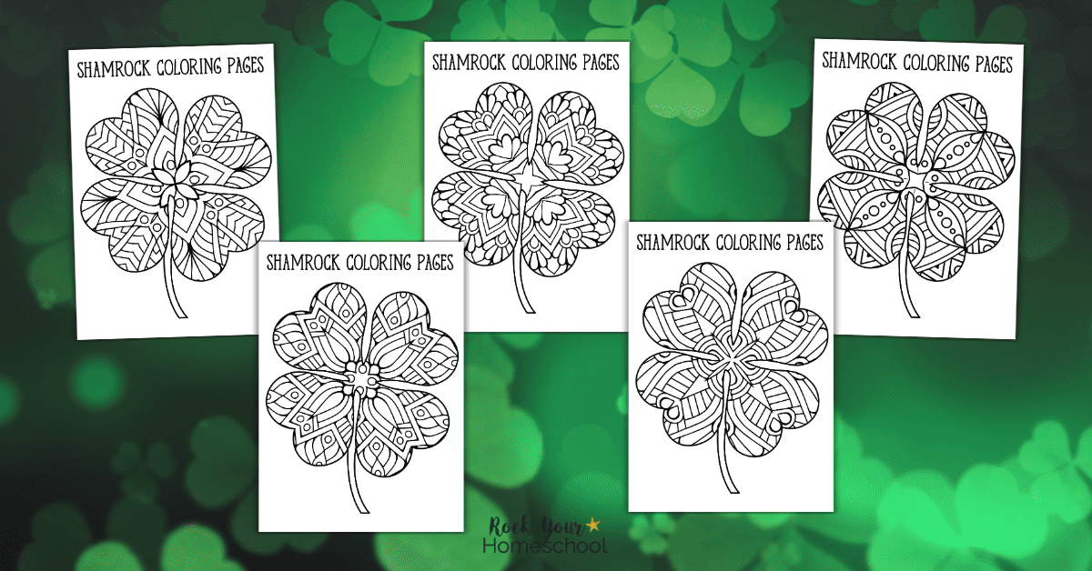 Five examples of free printable four-leaf clover and shamrock coloring pages.