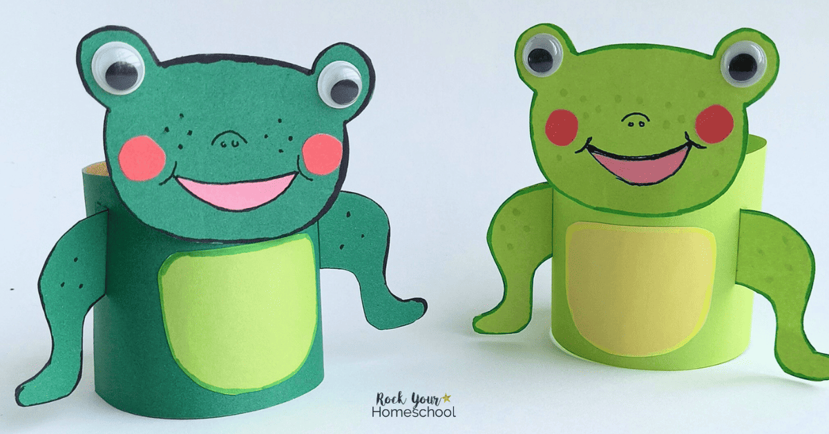 Two examples of cute frog toilet paper roll craft with googly eyes.