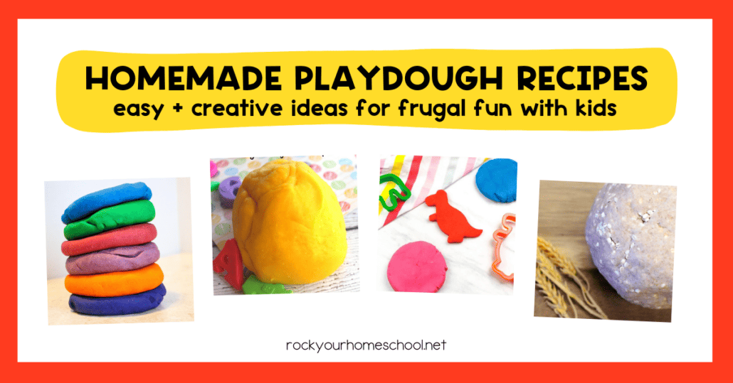 Four examples of easy and frugal homemade playdough recipes for fun with kids.