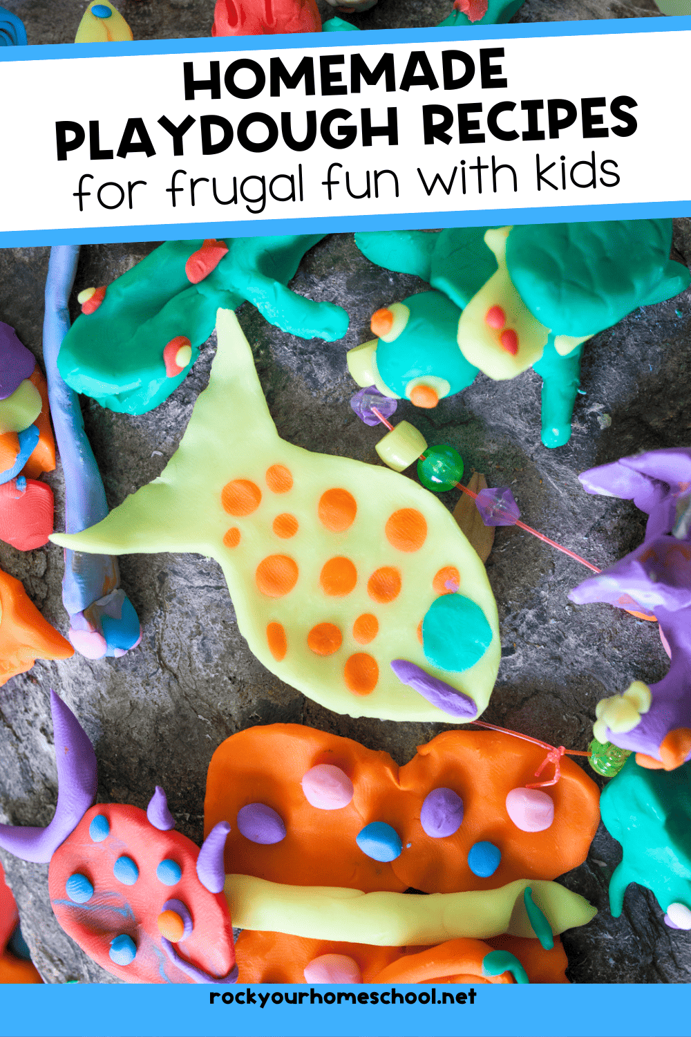 Mix of colorful playdough creations to feature these homemade playdough recipes.