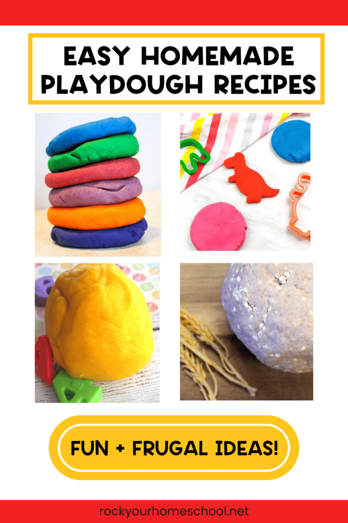 Four examples of homemade playdough recipes.