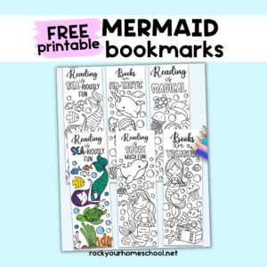 Examples of free printable mermaid bookmarks to color.