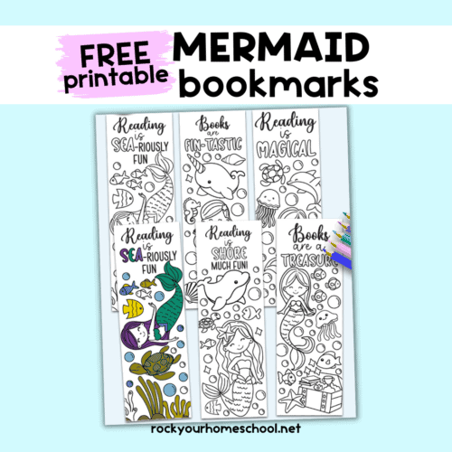 Examples of free printable mermaid bookmarks to color.