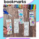 Woman holding examples of free printable mermaid coloring bookmarks with scissors, color pencils, crayons, and glitter gel pens.