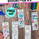 Woman holding examples of free printable mermaid bookmarks to color with crayons, glitter gel pens, color pencils, and scissors in background.