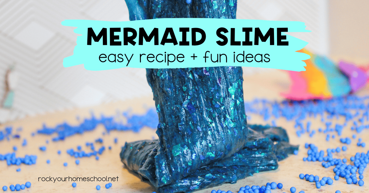 Mermaid slime with glitter and mermaid tail and small blue foam balls.