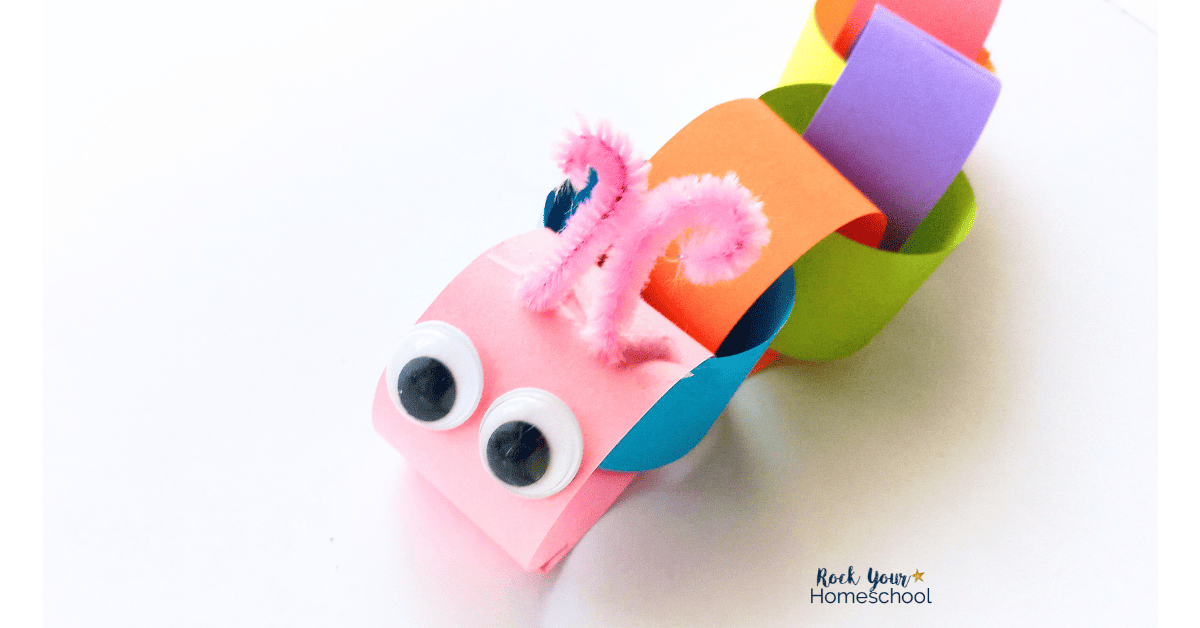 Pink pipe cleaners for antennae on this paper chain caterpillar craft in a rainbow of colors.