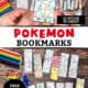 Hand holding a colored Squirtle Pokemon bookmark next to crayons and markers, with a circular inset showing 12 uncolored Pokemon bookmark designs ready to print and color.