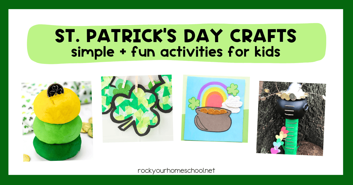 Four examples of simple St Patrick's Day crafts for kids featuring playdough, shamrock suncatchers, paper crafts pot of gold, and leprechaun trap.