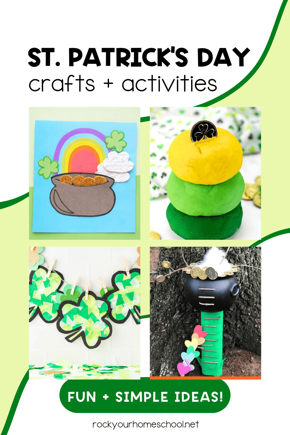 Examples of simple St. Patrick's Day crafts for kids featuring paper craft pot of gold, playdough, shamrock sun catchers, and leprechaun trap.
