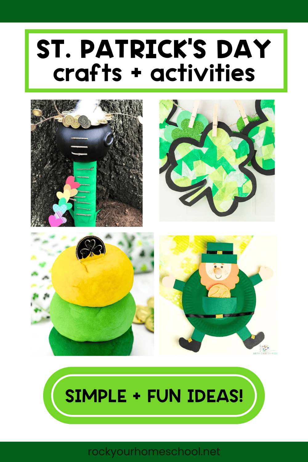 Examples of simple St Patrick's Day crafts for kids featuring leprechaun trap, shamrock suncatcher, playdough, and leprechaun paper plate craft.