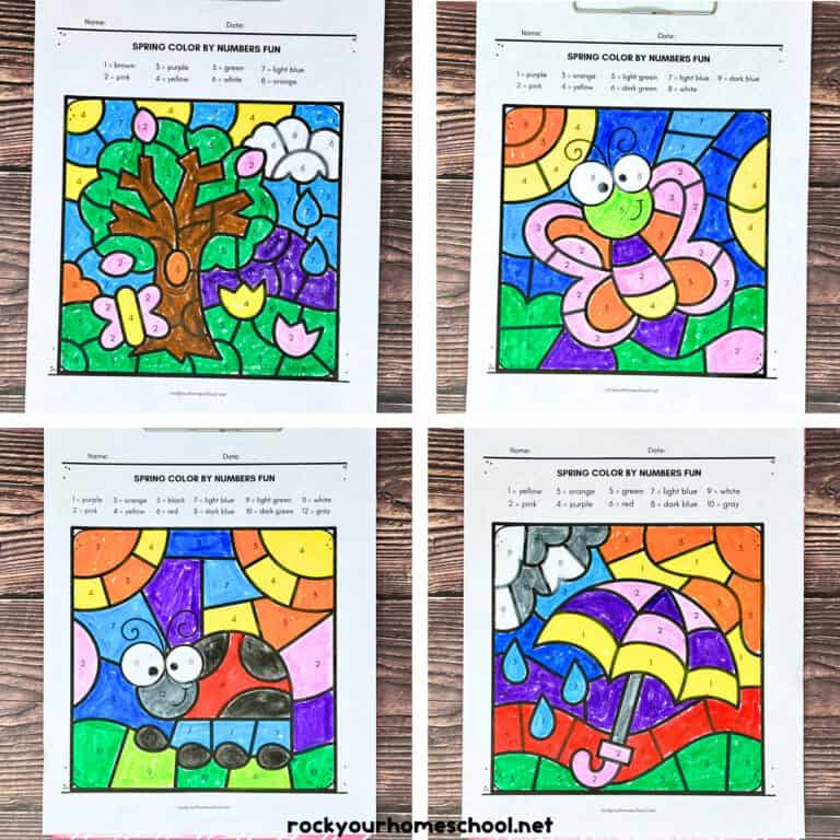 Four examples of spring color by number pages with tree, butterfly, ladybug, and umbrella.