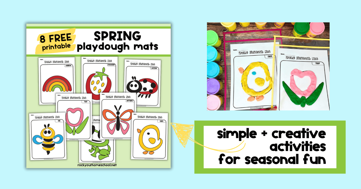 Examples of free printable spring playdough mats with chick and tulip and playdough containers.