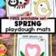 Examples of spring playdough mats featuring ladybug and chick and woman holding dry erase sleeve with tulip playdough mat.
