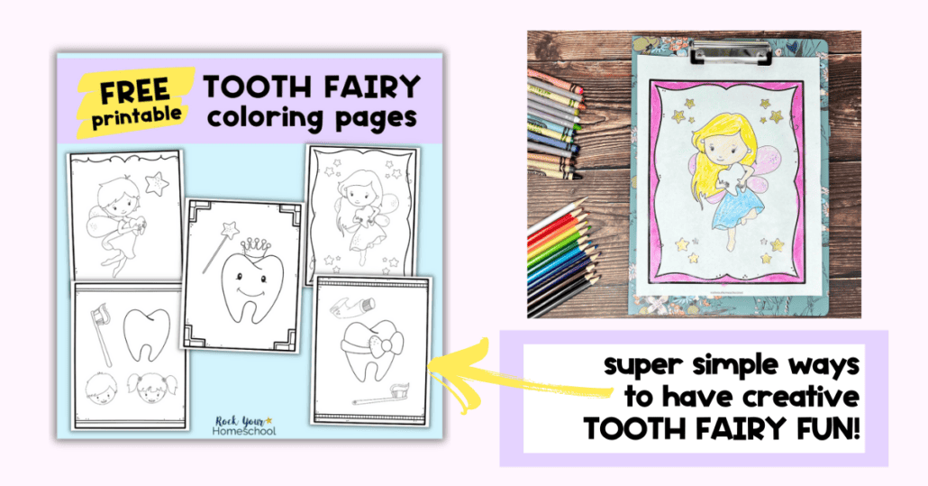 Examples of free printable tooth fairy coloring pages with completed page.