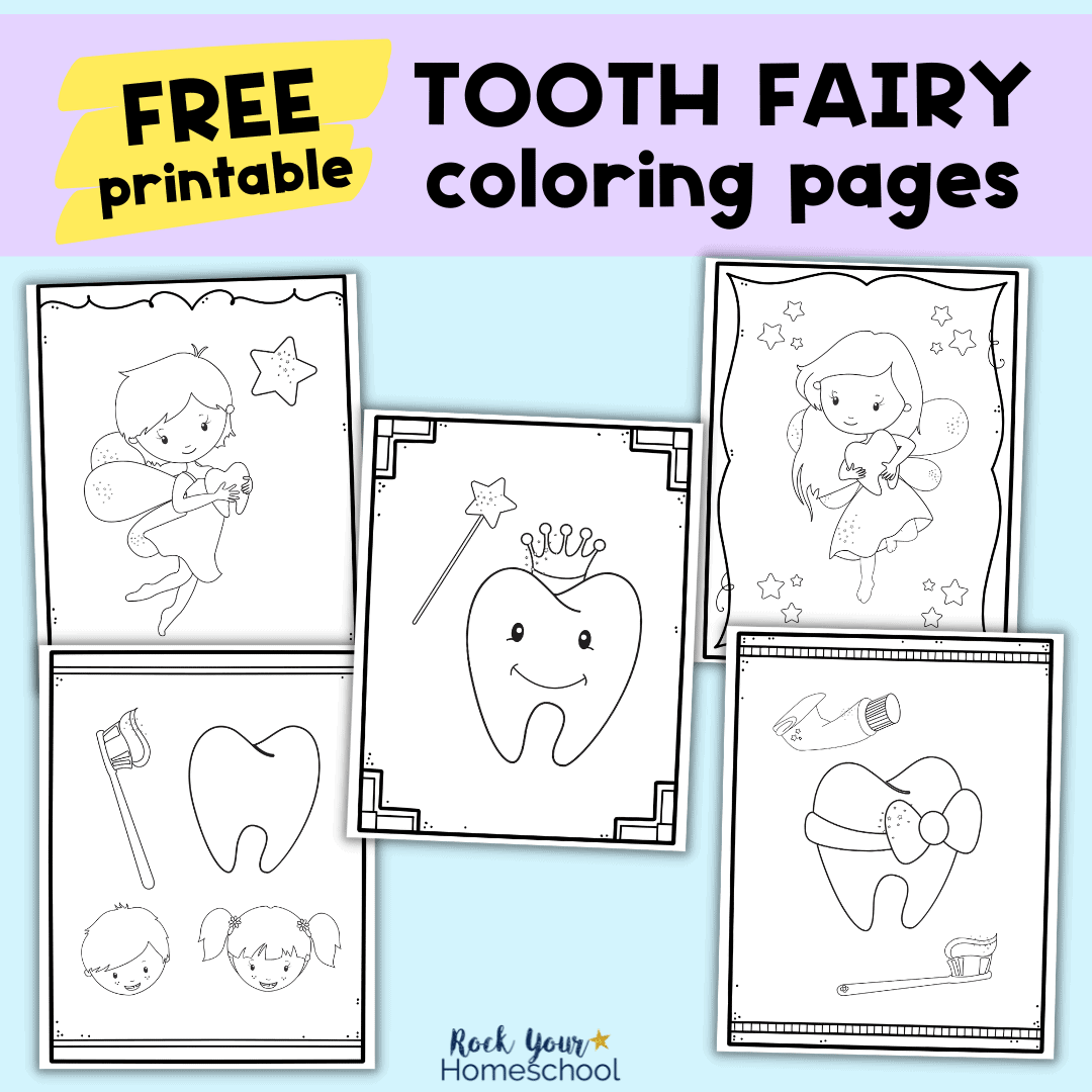 Examples of 5 free tooth fairy color pages for kids.