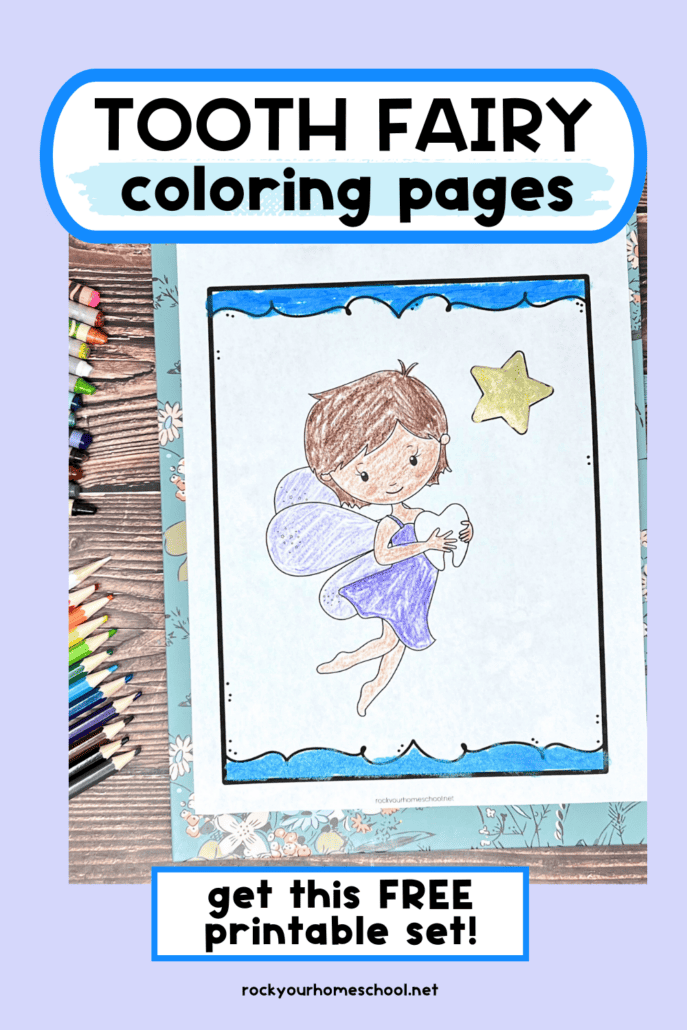 Example of free printable tooth fairy coloring page with crayons and color pencil.