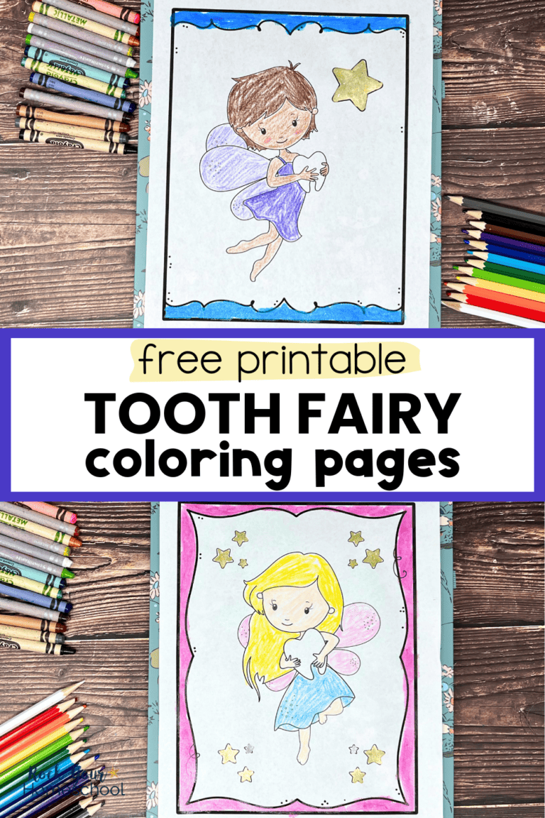 Two examples of the free printable tooth fairy coloring pages with crayons and color pencils.