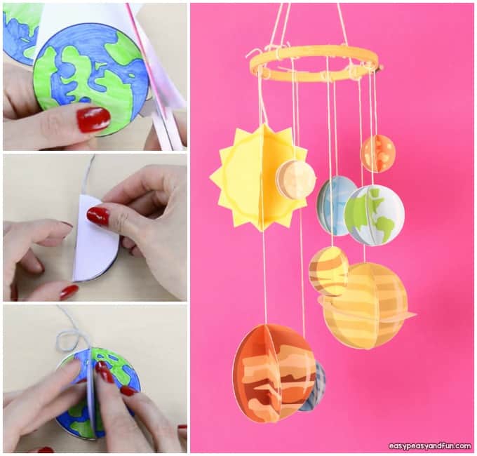 Examples of making and completed project of 3D paper mobile planets craft.