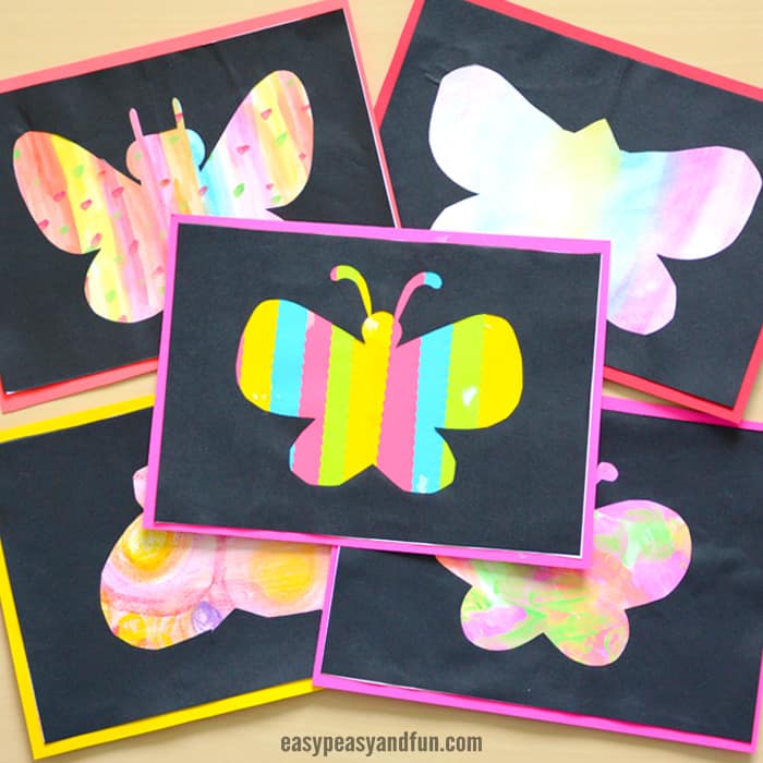 Five examples of butterfly silhouette art made with free printable templates.