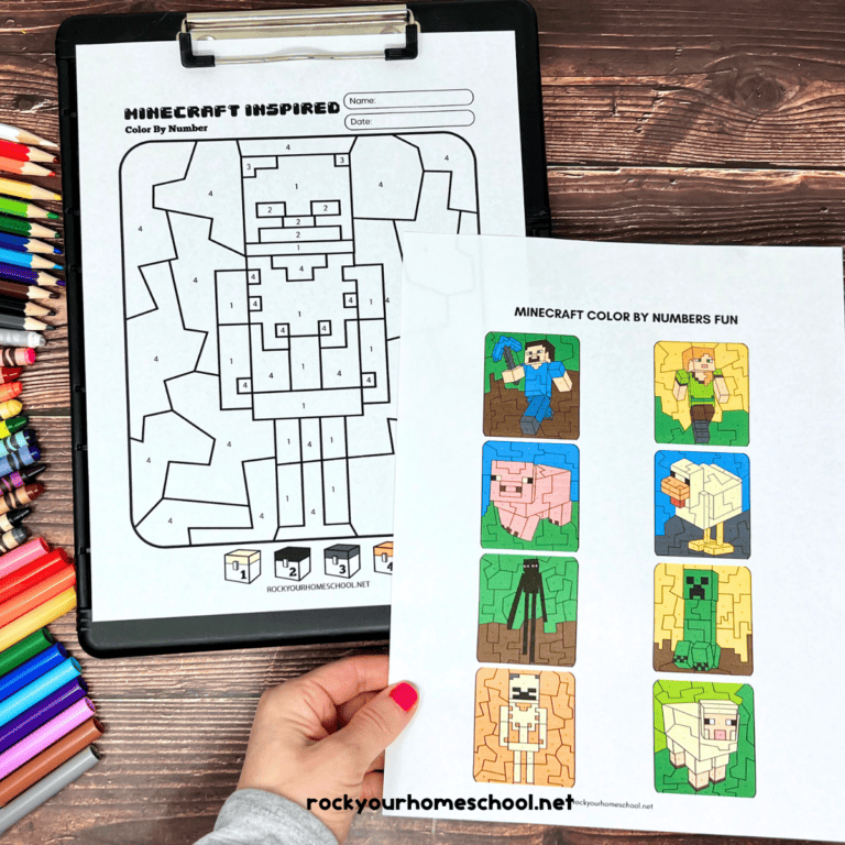 Woman holding answer key for Minecraft color by number pages with Skeleton example in background.
