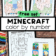 Examples of Minecraft color by number printable pages featuring Steve with Diamond Pickaxe, Pig, Creeper, and answer key.