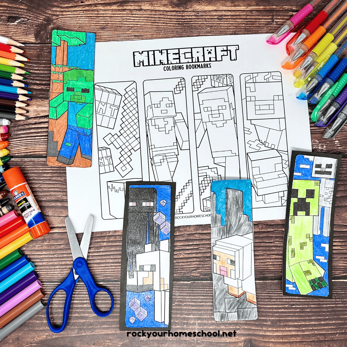 Examples of Minecraft bookmarks to color with scissors, glue stick, markers, crayons, color pencils, and glitter gel pens.