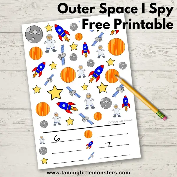 Free printable space I Spy activity with pencil.