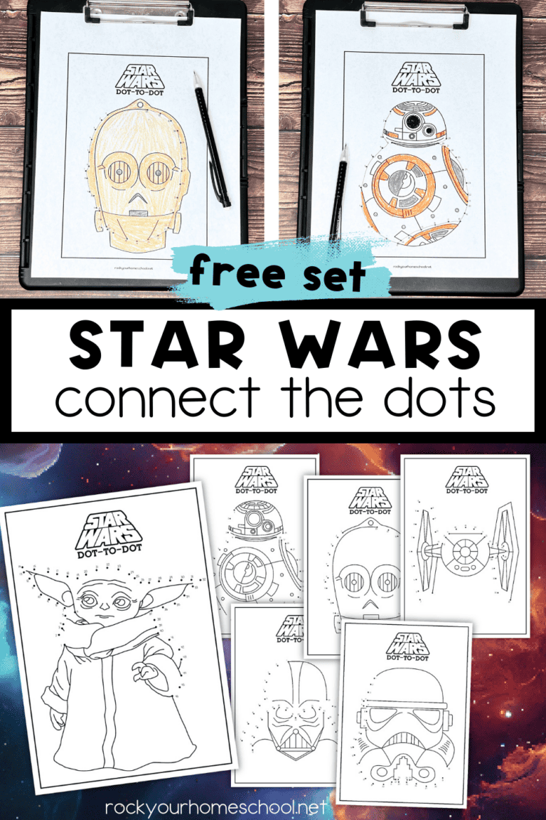Examples of free printable Star Wars connect the dots pages featuring Yoda, C-3PO, BB-8, TIE Fighter, Storm Trooper, Darth Vader.